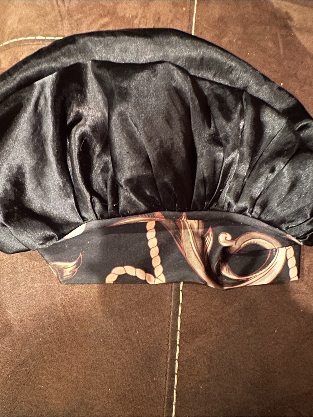 Black Satin Turban-Style Headwrap with Baroque Trim, Bonnet